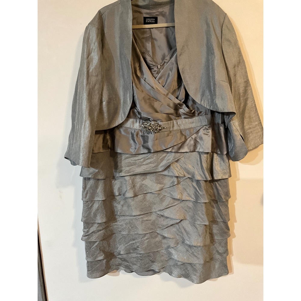 Adrianna Papell Silver Metallic Tiered Dress & Bolero Jacket Set Plus Size 24W